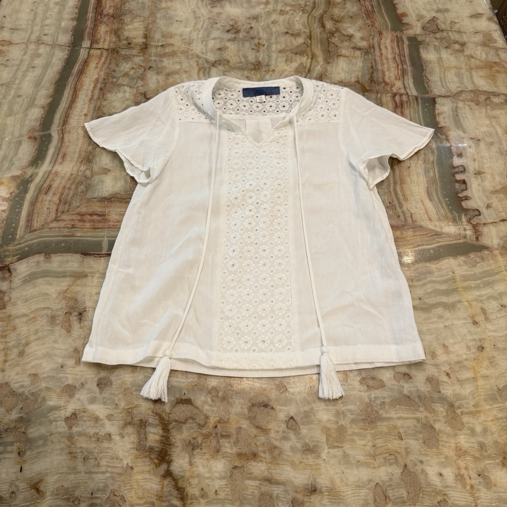 Blue Rain Womens XS White Eyelet Embroidered Tassel Tie Short Sleeve Boho Blouse